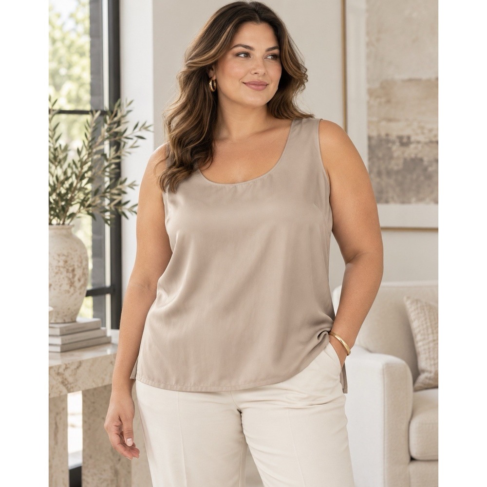 100% Silk Blouse Womens Plus Size Taupe Beige Sleeveless Scoop Neck Shell